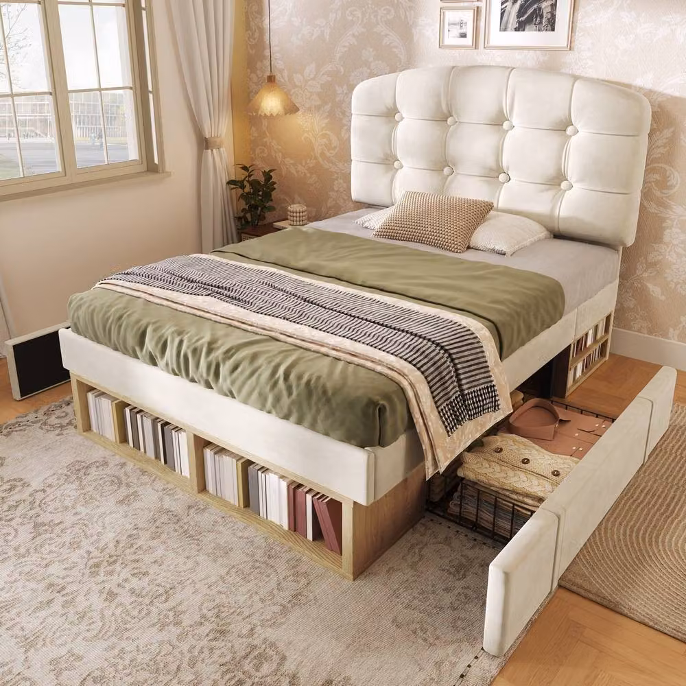 Rolipo Beige Velvet Upholstered Single Bed with Storage Drawers W/D/H: 90 x 190 cm – 6