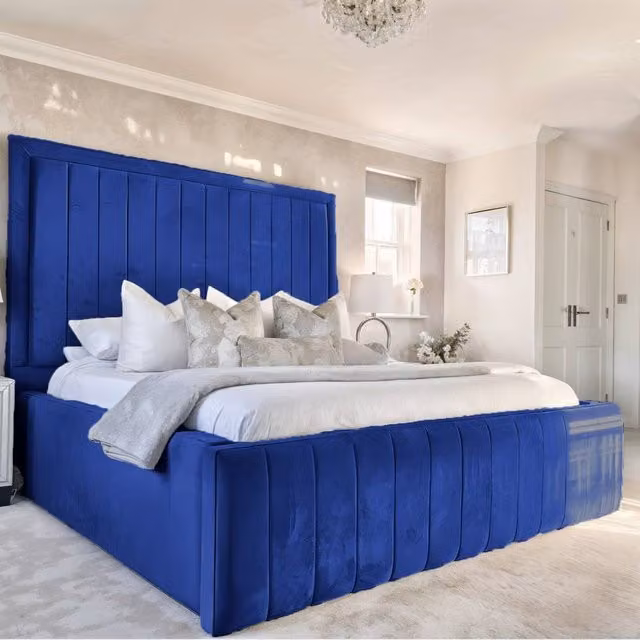 Living Comfort Bedz Geneva Upholstered Velvet Bed Frame in Blue, Size: 90 x 200 cm