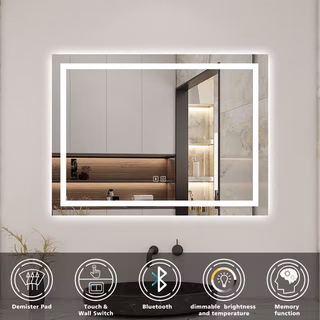AicaBathroom Modern Rectangular White Bathroom Mirror with Dimmable LED Lights, Bluetooth Speaker and Touch Control, Width: 80 cm