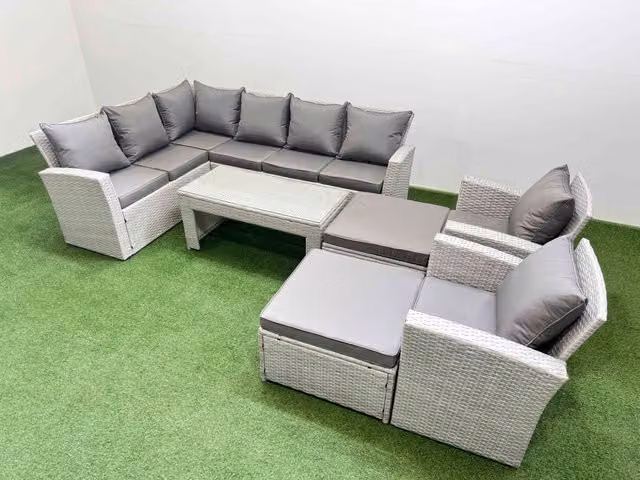 Fimous Outdoor 10 Seater Corner Sofa Set with Chair and Large Stools in Light Grey