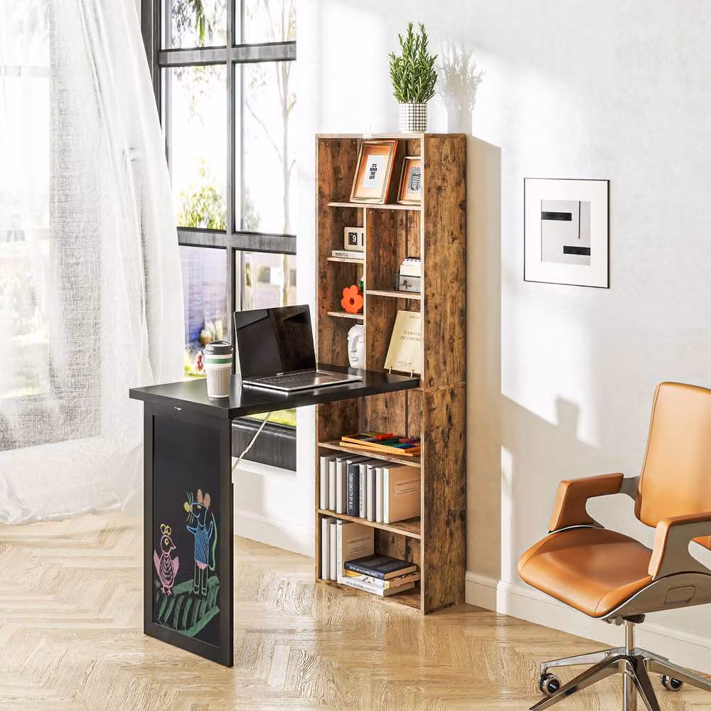 STILVORA Folding Writing Desk with Shelves and Blackboard in Rustic Brown – 2