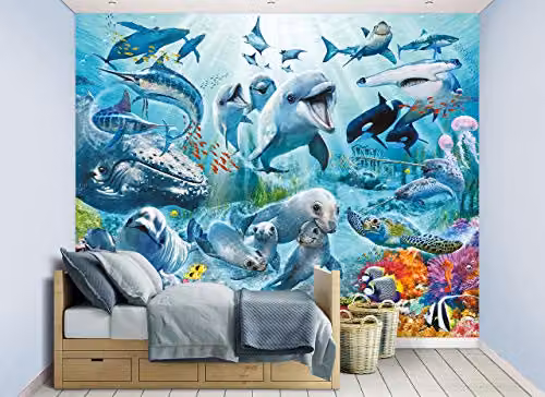 Walltastic Under the Sea Wall Mural, Multicolour and Blue, H: 243.84 cm, W: 304.8 cm – 2