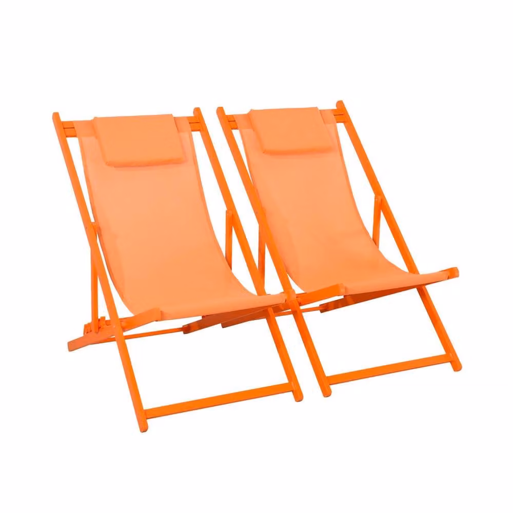 Sweek Set of 2 Orange Powder Coated Aluminium Multi-Position Sun Loungers with Adjustable Headrests and Textilene Fabric – 2