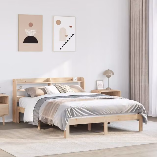 Berkfield Home King Size Bed Frame with Headboard and Side Compartments in Brown Rustic Pine Wood, W/D/H: 150 x 200 cm