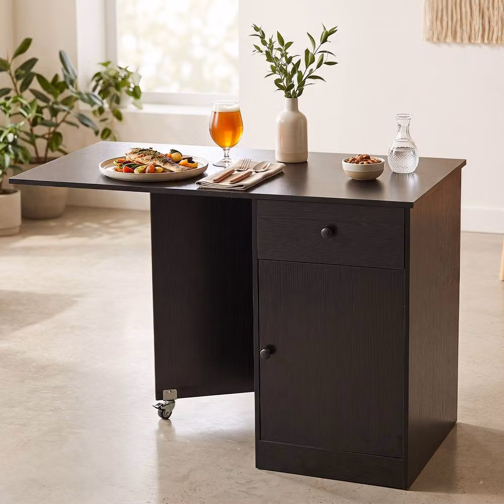 Costway Modern Black Folding Dining Table with Butterfly Drop Leaf and Drawer – 4