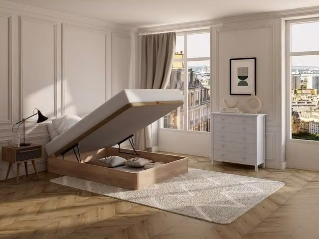 Vente-unique Hestia Ottoman Storage Bed Base in Light Oak and Beige, W/D/H: 160 x 200 x 30 cm – 1
