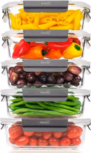 Homiu 5 Pack Glass Meal Prep Containers, 1050ml, White and Transparent, Airtight, Leakproof, Microwave and Freezer Safe