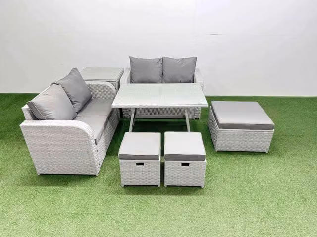Fimous 7 Seater Rattan Garden Furniture Set in Light Grey