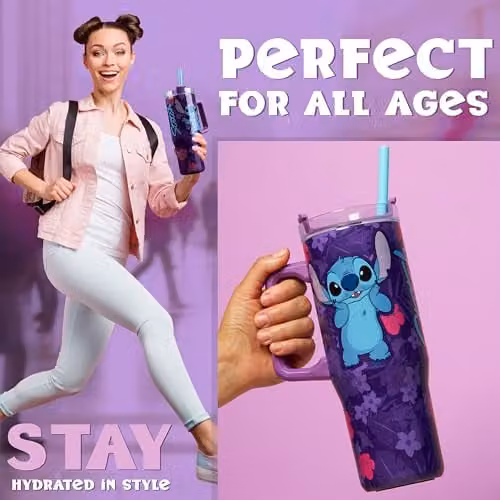Disney Stitch Insulated Tumbler Travel Mug in Purple, 940ml Stainless Steel Water Bottle with Straw and Handle – 4