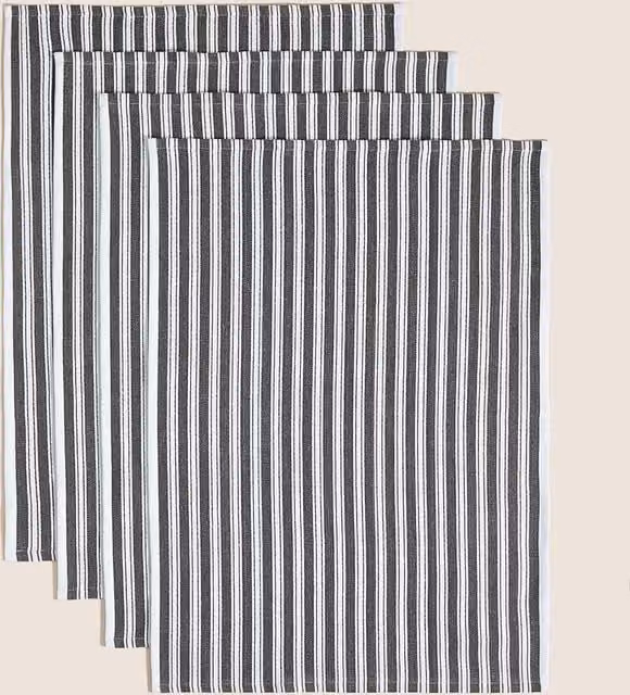 M&S Set of 4 Highly Absorbent Cotton Striped Tea Towels in Grey