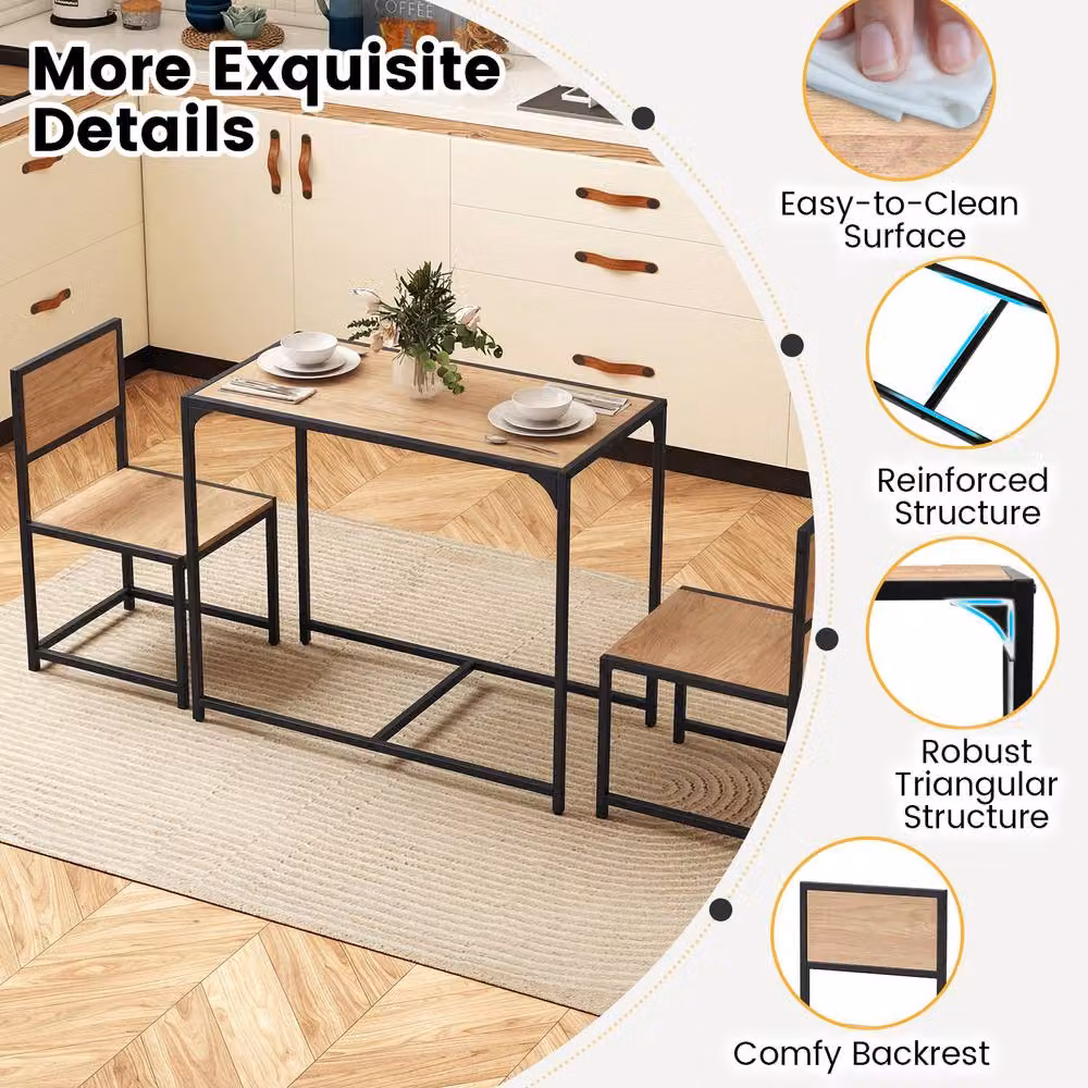 Costway Industrial 3-Piece Dining Set with Rectangular Wood Table and 2 Chairs in Brown and Sand – 4