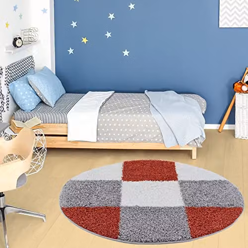 THE RUGS Modern Multicolour Checked Shaggy Round Area Rug, Diameter: 120 cm