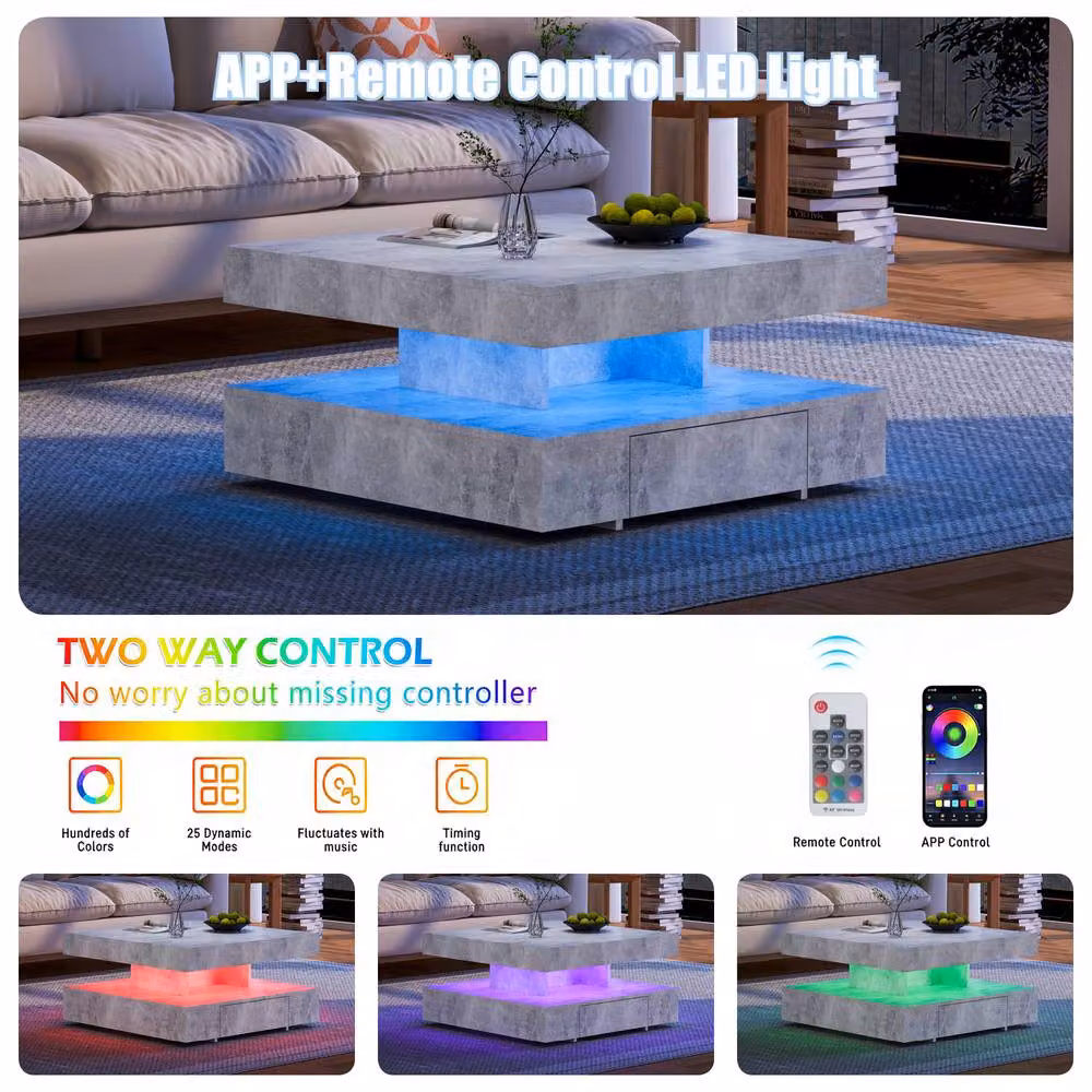 KEEPREAPER Modern Grey LED Coffee Table with 2 Storage Drawers – 3