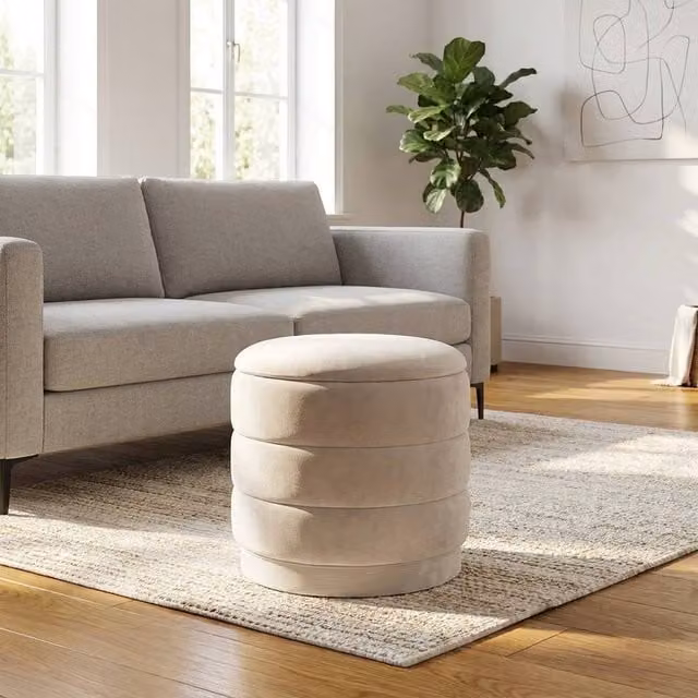 Garden Greatness Ivory Velvet Storage Ottoman Stool with Reversible Tray Top