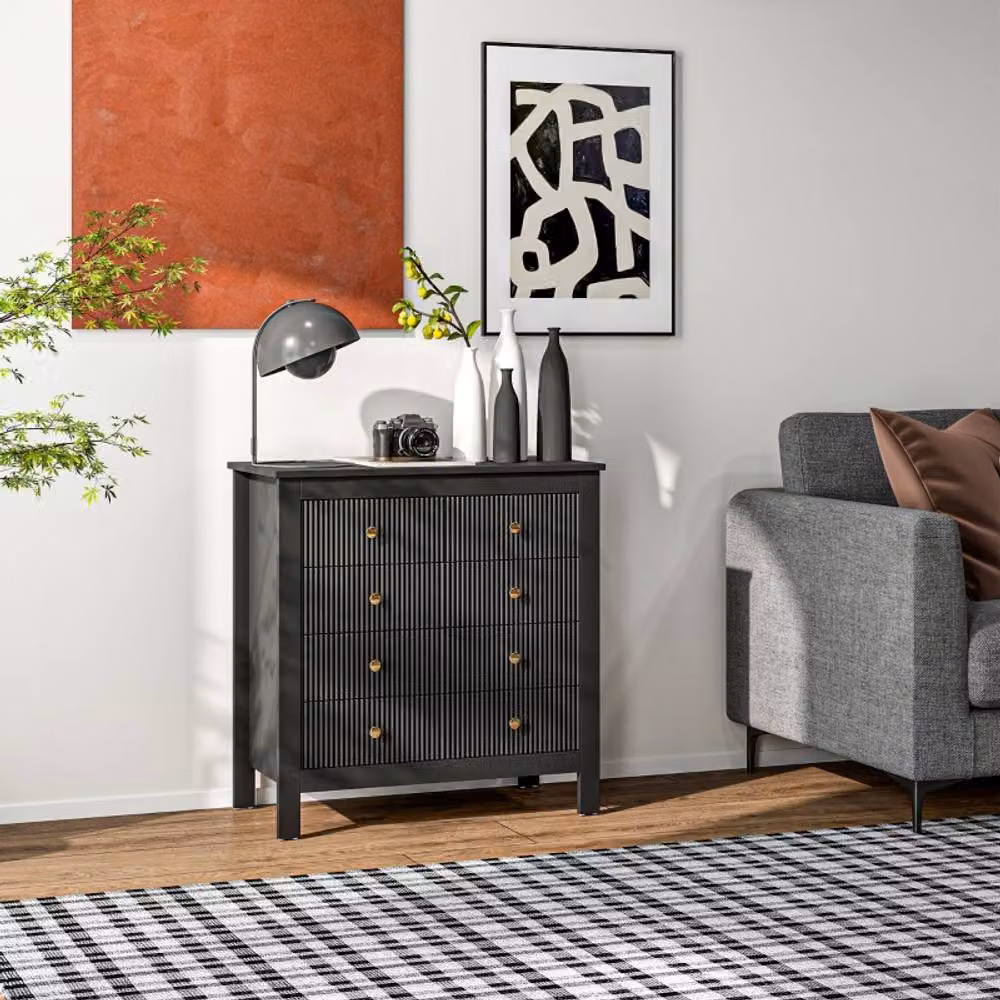 STILVORA Modern 5 Drawer Chest of Drawers with Striped Fronts in Black and Gold – 2