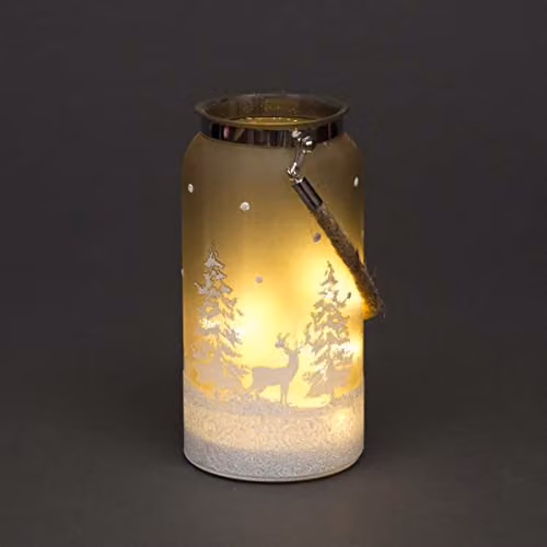 Shatchi Silver Winter Forest Scene Glass Jar Table Lamp with LED Fairy Lights, H 23 cm – 1