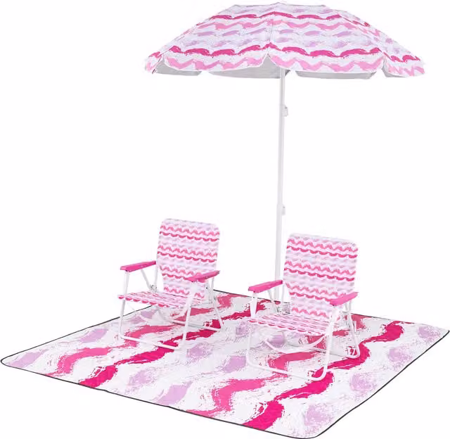 Costway 4 Piece Pink Beach Umbrella and Foldable Chair Set with UPF 50+ Protection