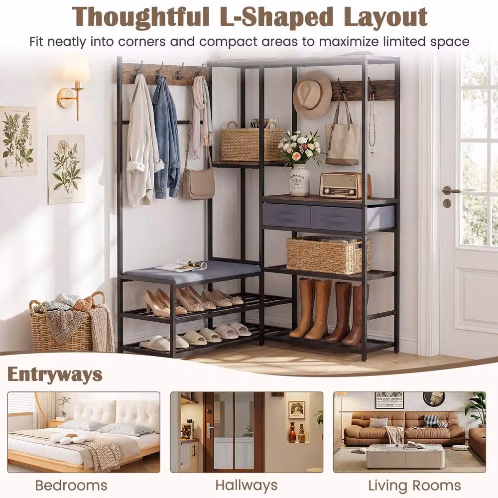 Gymax L-Shaped Corner Coat Rack with Shoe Bench and Hall Tree in Brown – 8