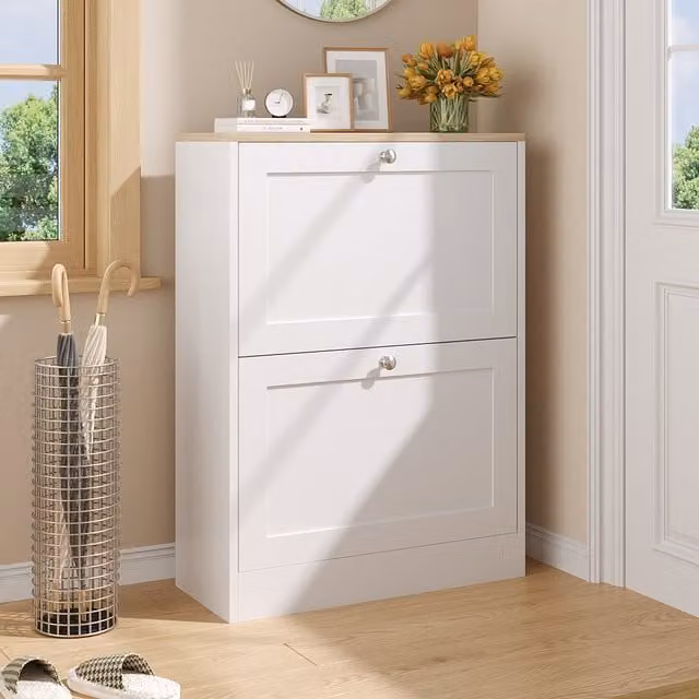Livingandhome Modern White Wooden Freestanding Shoe Storage Cabinet with Tilting Compartments