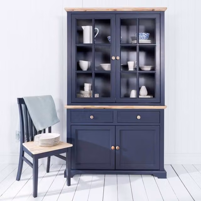 Statement Furniture Florence Glass Door Display Cabinet and Dresser in Navy Blue with Acacia Wood Top, W: 120 cm, D: 42 cm, H: 200 cm