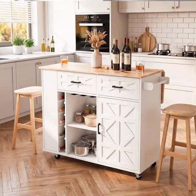SPETLEK Kitchen Island with Side Storage Rack, White, W/D/H: 129 x 70 x 90.5 cm – 1