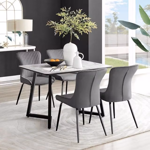 FurnitureboxUK Carson White Marble Effect Rectangular Dining Table and 4 Nora Black Leg Chairs in Dark Grey