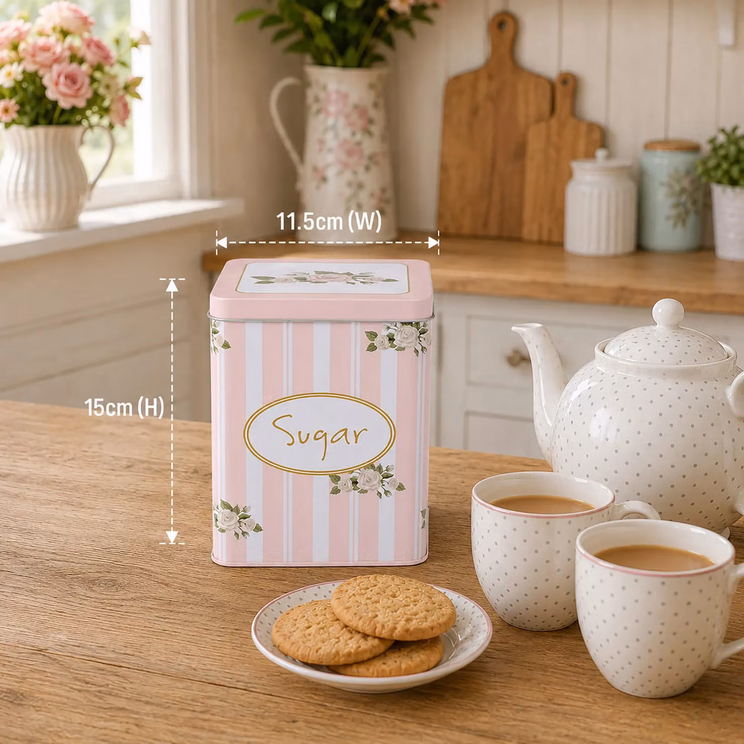 Simpa Shabby Chic Metal Tea, Sugar and Coffee Canister Set with Floral Design in Green and Blue, H 15 cm x W 11 cm x D 11 cm – 2