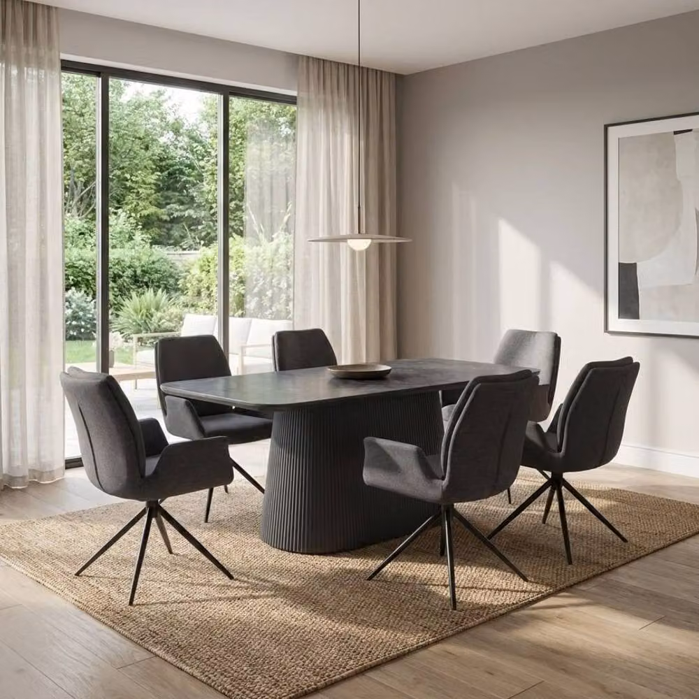 HOME LUXE INTERIOR Davos 180cm Grey Ceramic Oval Dining Table and 6 Fairmont Grey Swivel Chairs – 2