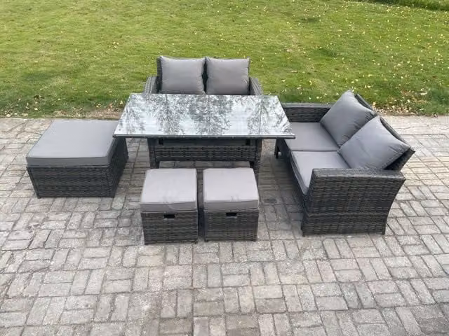 Fimous 7 Seater High Back Outdoor Garden Furniture Set with Rattan Sofa, Dining Table and 3 Footstools in Dark Grey