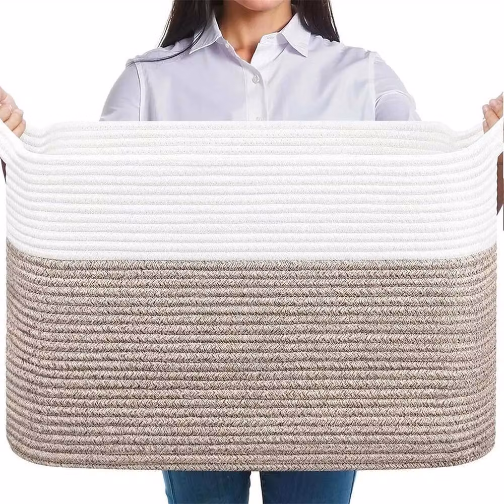 SPETLEK Large Woven Cotton Rope Storage Basket in White and Brown, Diameter: 50 cm – 2