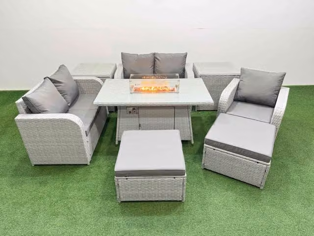Fimous Grey Poly Rattan Garden Furniture Set with High Back Reclining Chair, Loveseat Sofa, Firepit Dining Table, 2 Stools and 2 Side Tables