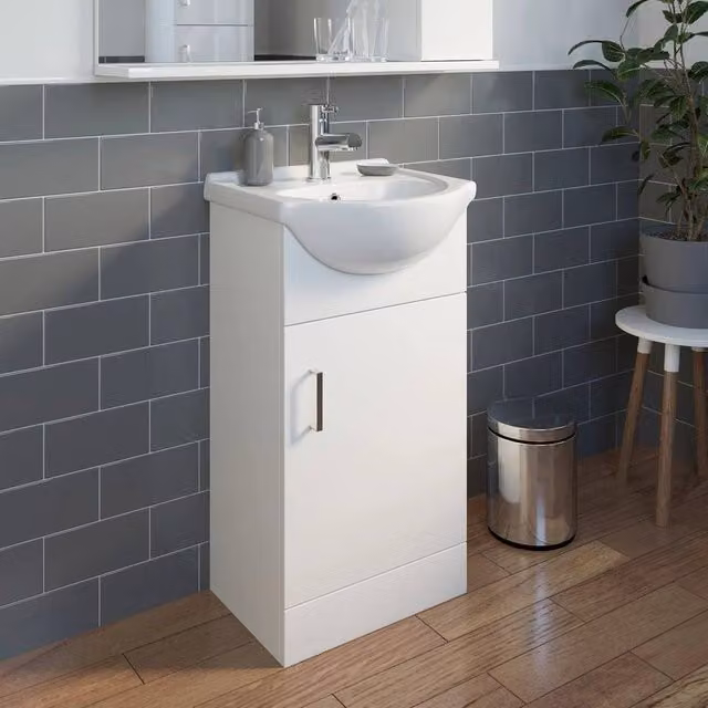 NESTLUNE White Gloss Freestanding Cloakroom Vanity Unit with Soft Close Hinged Doors and Internal Shelves