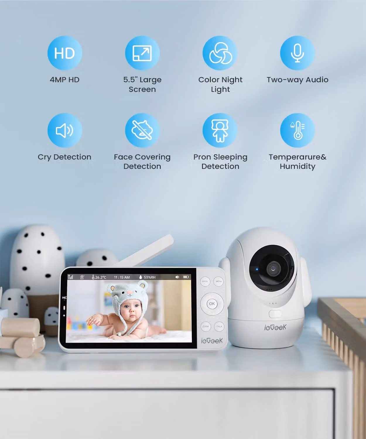 iegeek Smart Baby Monitor with 5.5 Inch Screen, App Control, Night Vision and Two-Way Talk in White – 2