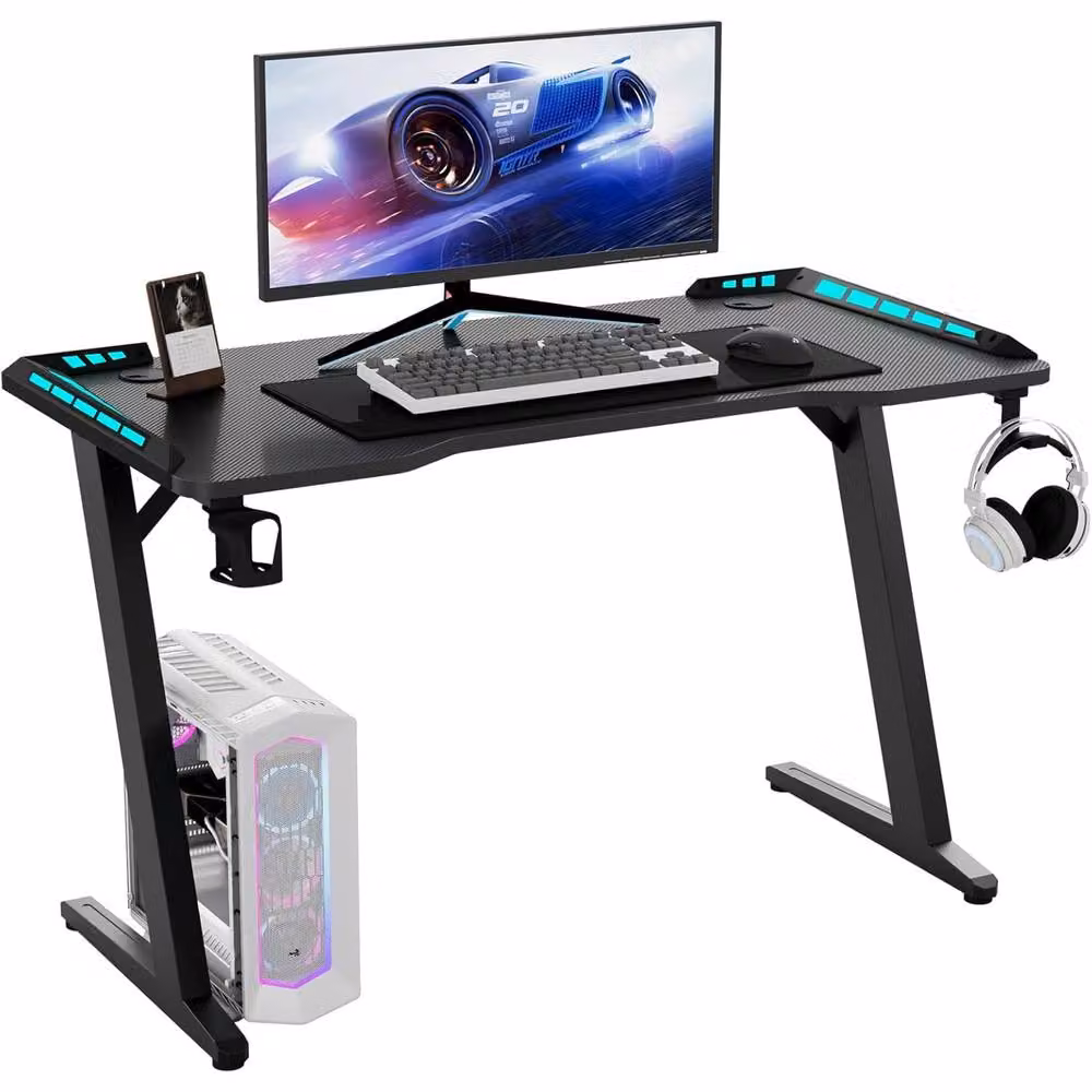 KEEPREAPER Modern Black Gaming Desk with LED Lights and Cup Holder, W: 155.0 cm, D: 60.1 cm, H: 76.7 cm – 2