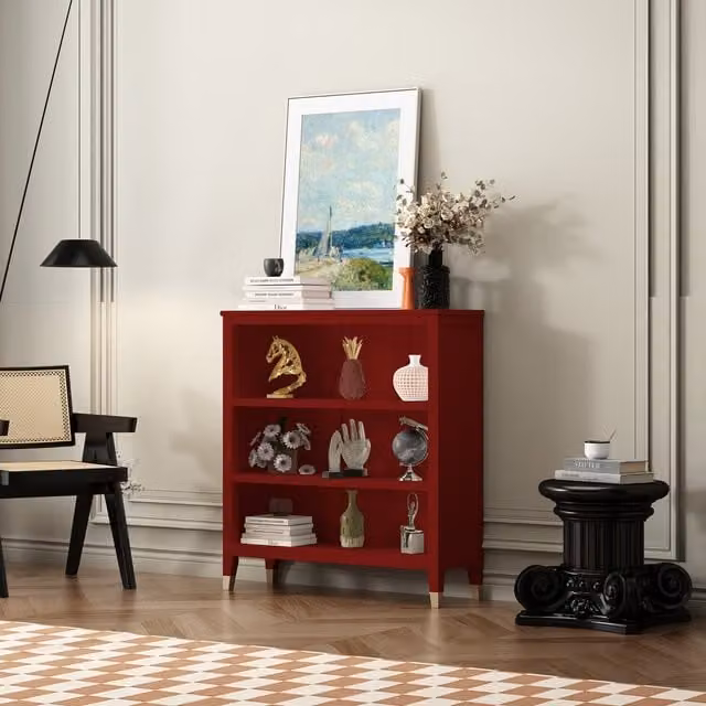 Cabinet Bits Palazzi Red Modern Freestanding Bookcase with Adjustable Metal Shelves and Back Panel
