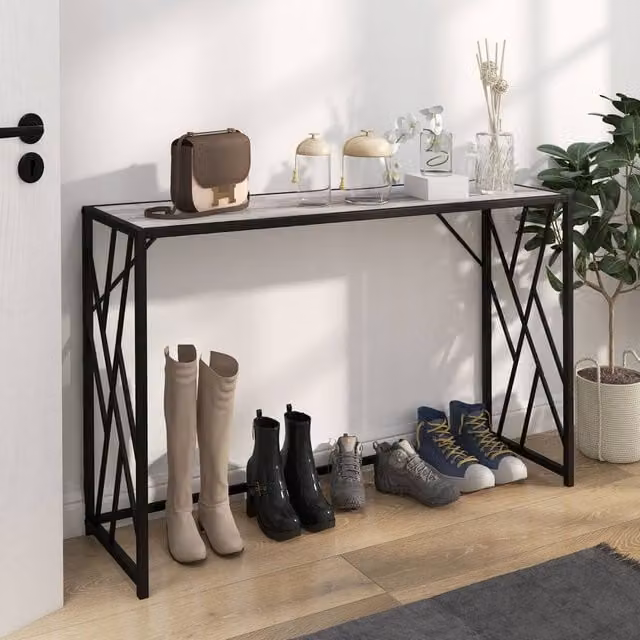 STILVORA Industrial Console Table with Metal X-Frame in Grey Wood Effect and Black – 1