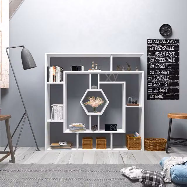 Decorotika Labrina White Lacquered Wood Geometric Wall Mounted Bookshelf, H 134.0 x W 31.8 x D 23.0 cm