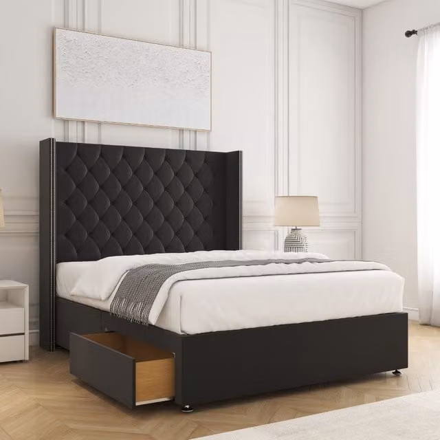 BSSPOKE Olivia Plush Super King Divan Bed Set with 54 inch Headboard, 2 Drawers, Footend and Mattress in Black Velvet Fabric, W/D/H: 200 x 200 x 30.48 cm