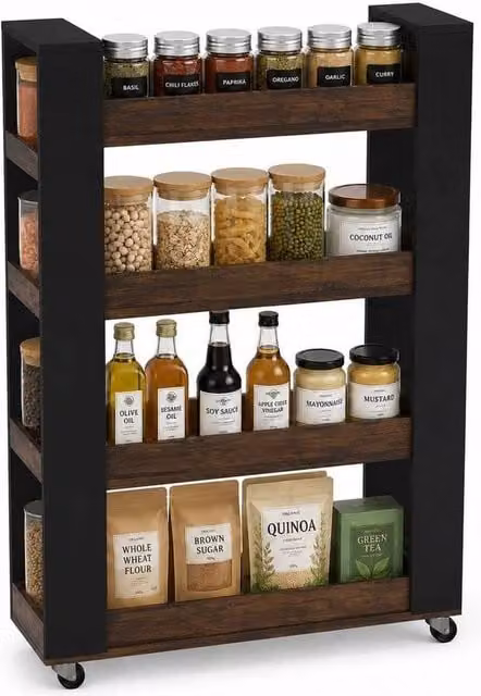 PAWNORA 4 Tier Freestanding Kitchen Storage Trolley Cart in Black and Rustic Oak – 1