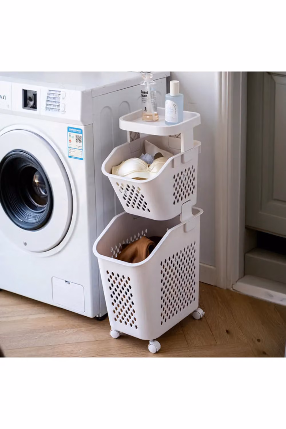 H&O Direct 2-Tier Plastic Laundry Basket Storage Rack with Casters, White – 2