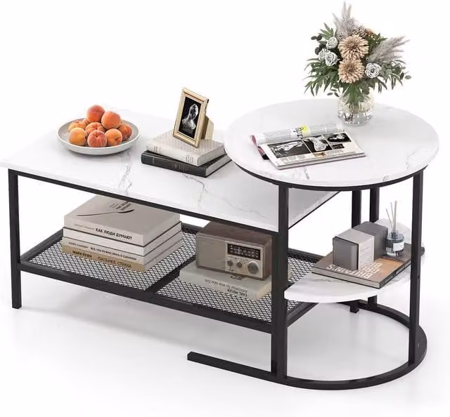 Gymax Set of 2 Nesting Coffee Tables with White Faux Marble Tops and Metal Legs – 1