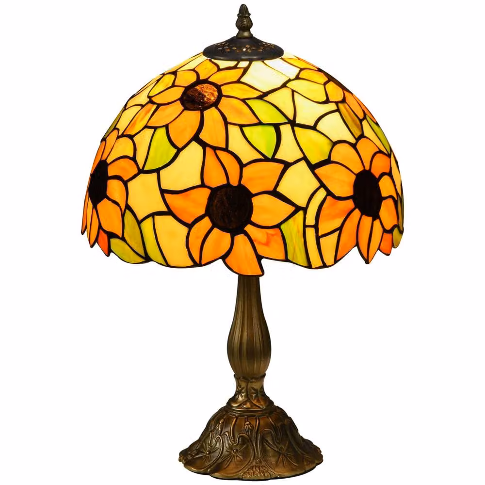 Wyld Haus Limbaka Orange Sunflower Stained Glass Table Lamp, Multicolour with Gold/Brass Metal Base, H 48 cm x W 30 cm x D 30 cm – 2
