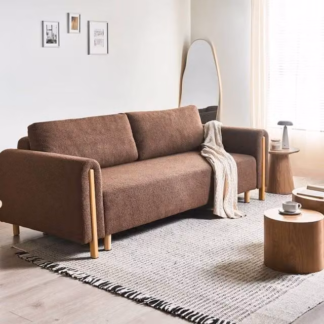 Wyld and Coco Brown Bouclé Click-Clack Sofa Bed with Storage and Solid Rubberwood Frame – 1