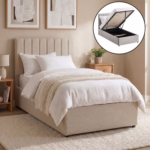 Vida Designs Vellaro Ottoman Fabric Bed with Mattress, Beige, Single, W/D/H: 90 x 190 x 211 cm