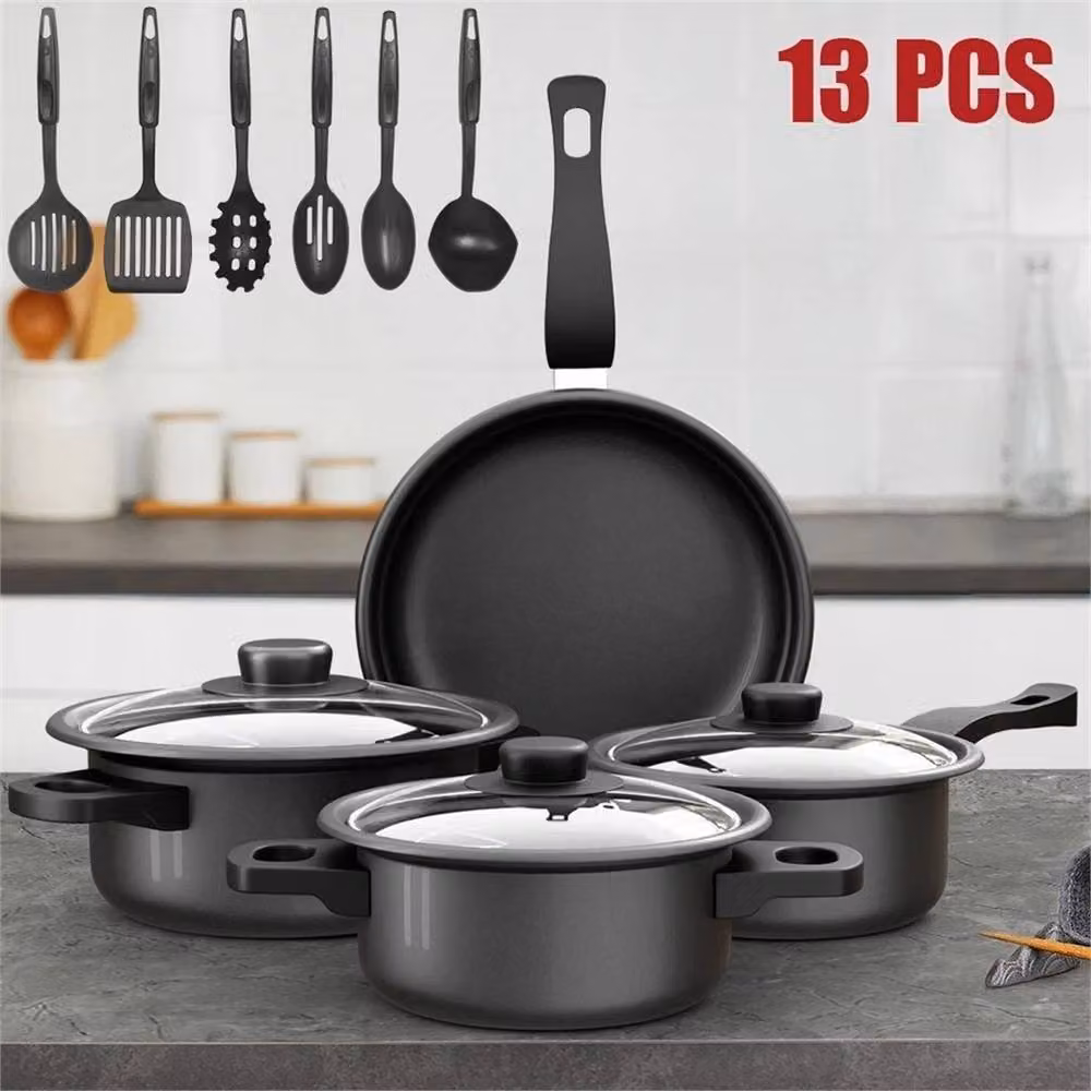 Nordara 13 Piece Non Stick Pots, Saucepan and Frying Pan Set with Glass Lids, Black – 3