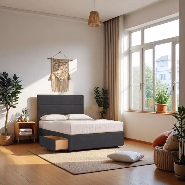 Knight Sleep York Plush Velvet Divan Storage Bed with 4 Drawers and Headboard in Grey, W/D/H: 120 x 200 cm