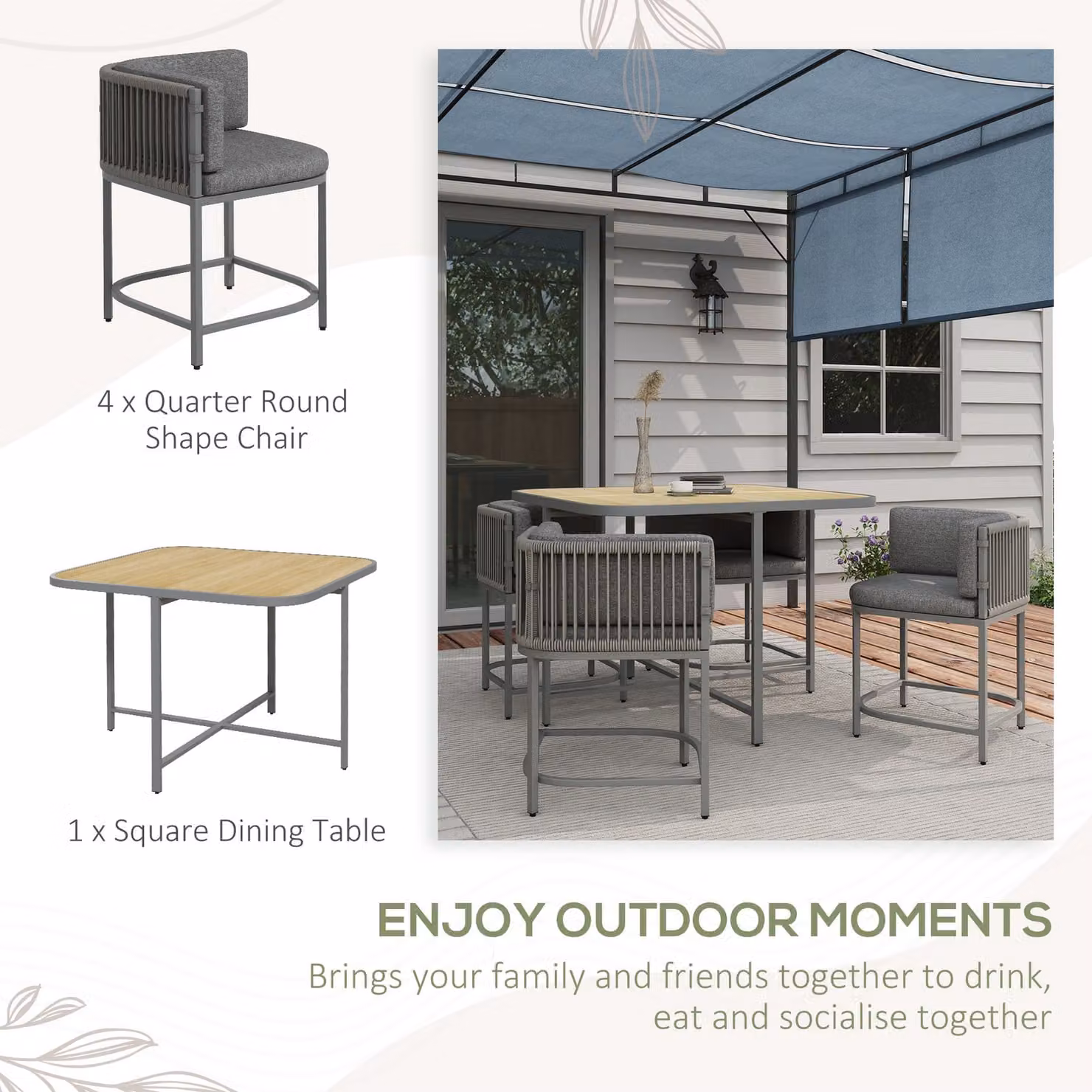 Outsunny 5 Piece Rattan Cube Garden Dining Set with Cushions in Grey – 3