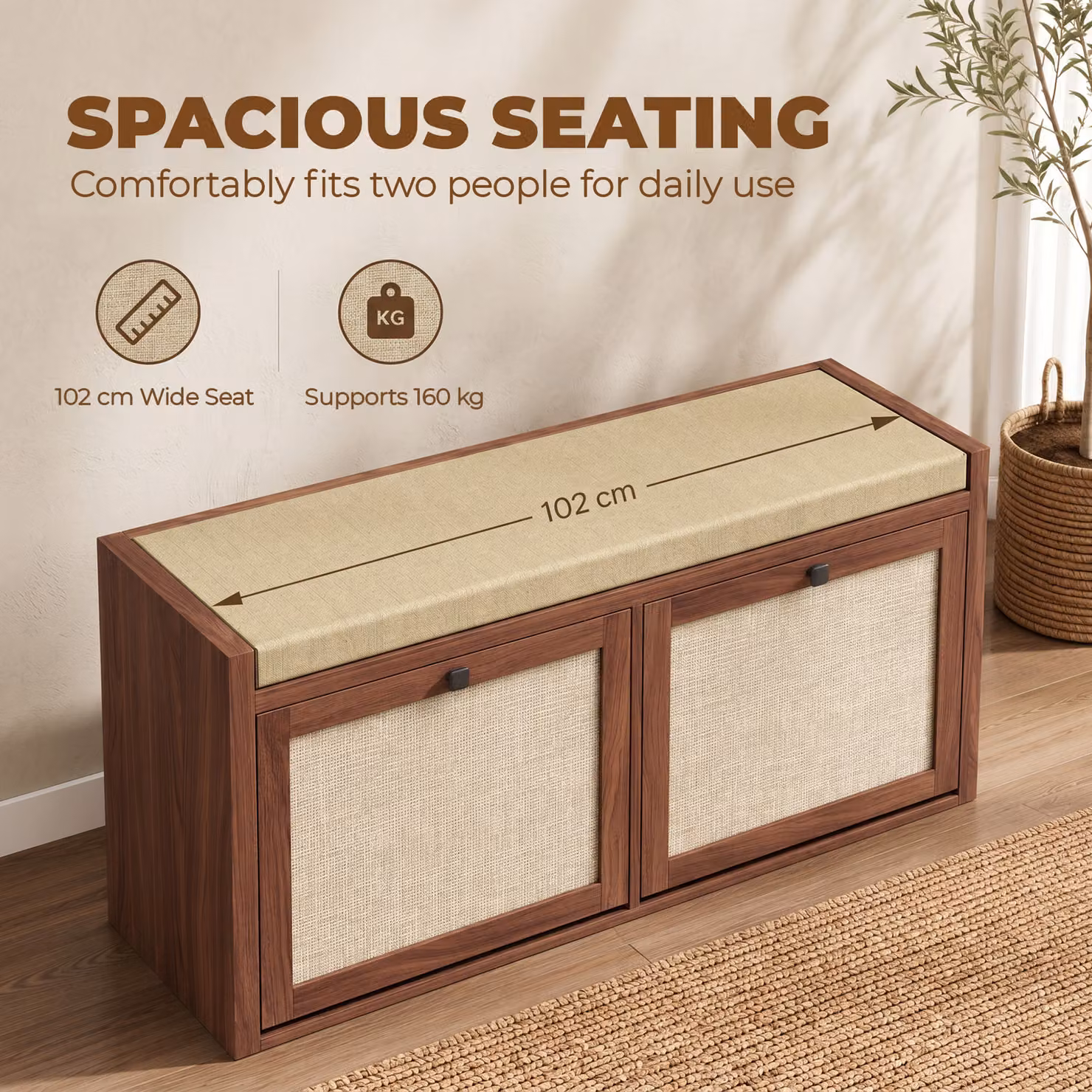 HOMCOM Rattan Shoe Bench with Padded Cushion and 2 Cabinets for Hidden Storage, Brown, W/D/H: 102 x 50 x 45 cm – 3