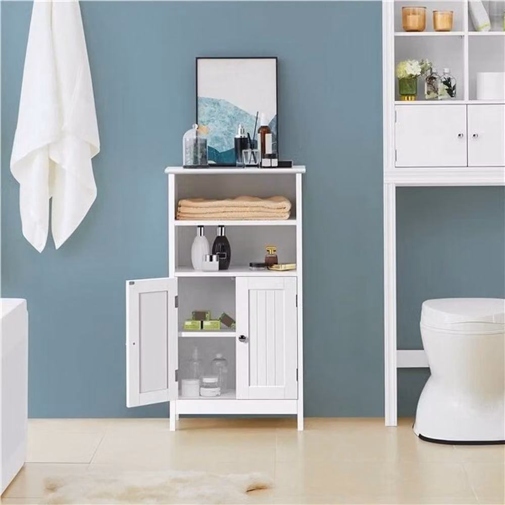 KORVIXA White Wooden Freestanding Bathroom Floor Cabinet with Hinged Doors and Internal Shelves – 2
