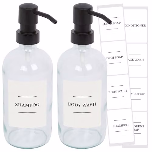 Harbour Housewares Pack of 2 Refillable Glass Soap Dispensers with Black Pumps and White Labels, 500ml, Transparent